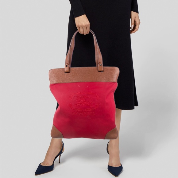 Red Burberry Leather and Canvas Tote EXCELLENT Condition - Picture 1 of 5